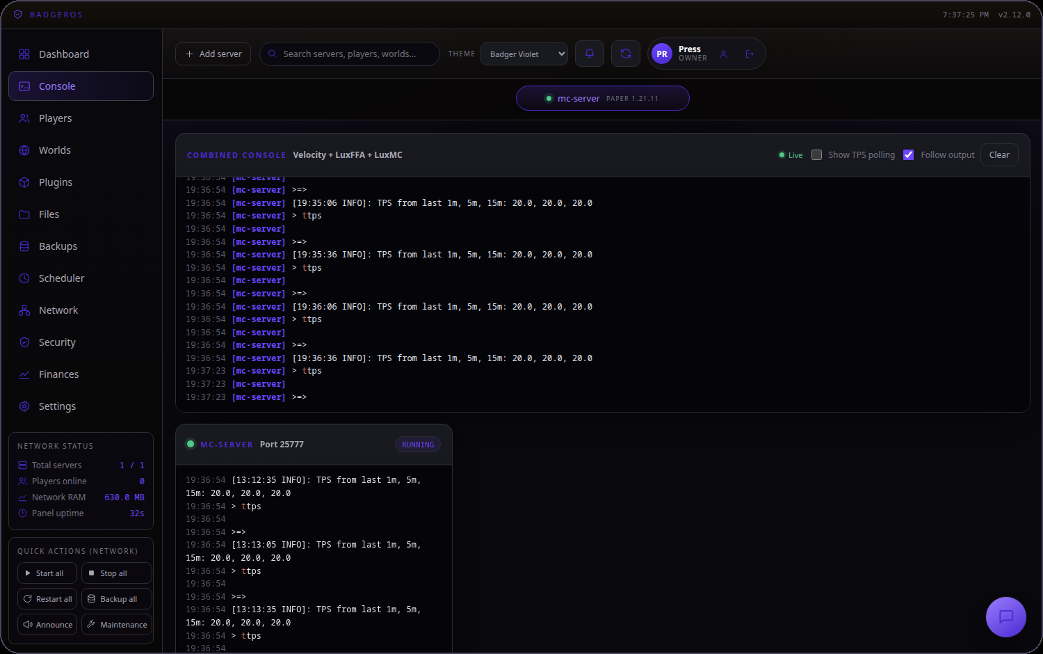 The BadgerOS live console view, showing coloured server output and a command input.