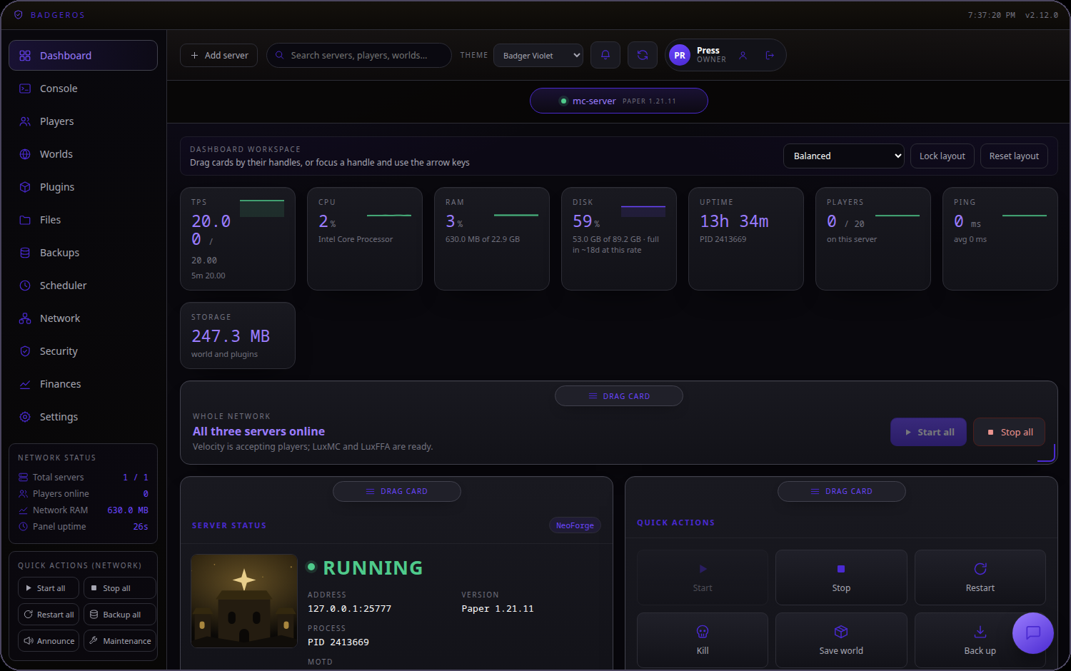 The BadgerOS dashboard showing live TPS, CPU, RAM, disk, uptime and player counts for a running server, with quick actions to start, stop and restart.